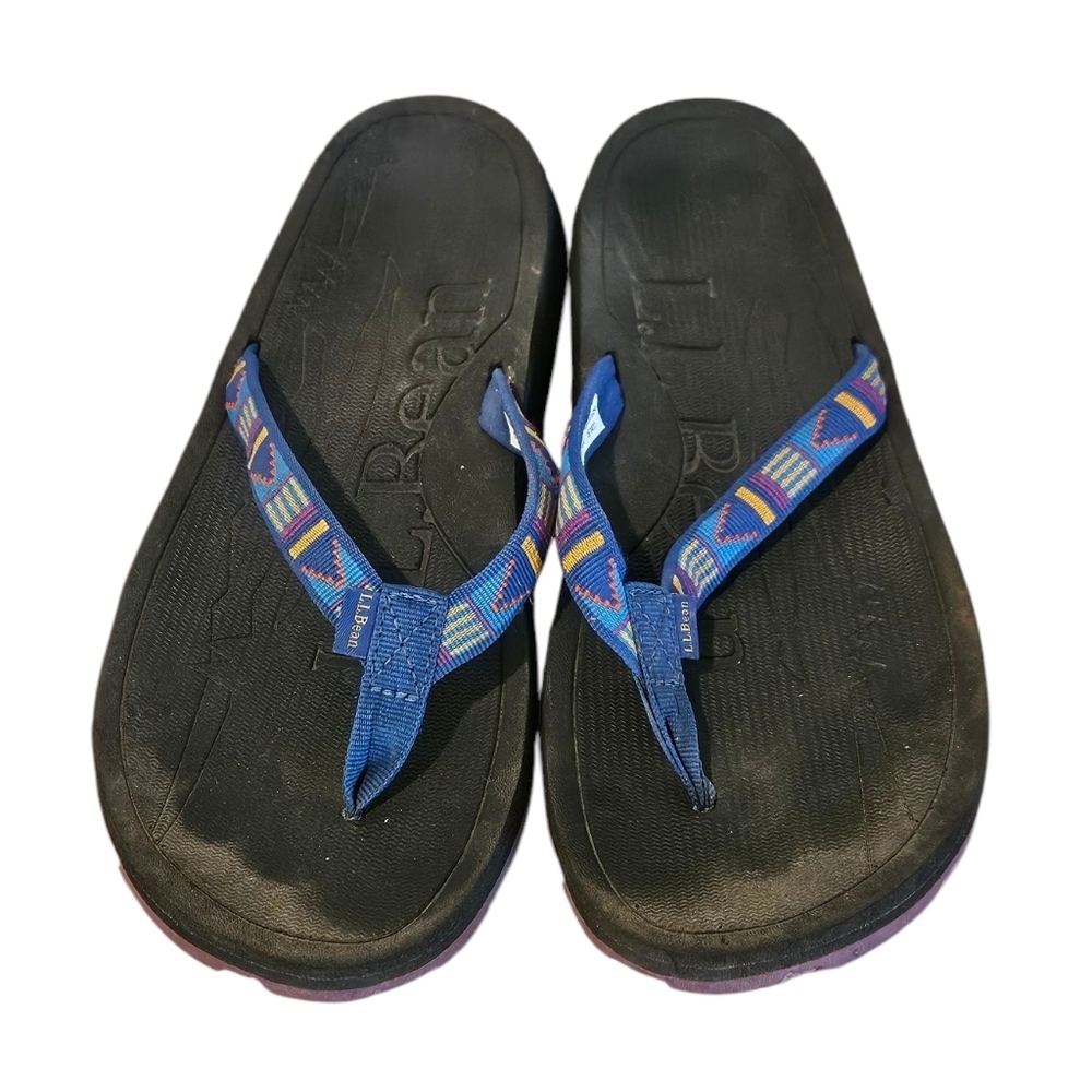 L.L. Bean Women 7 Tribal Print Boho Canvas Blue Flip Flop Beach Summer Sandals